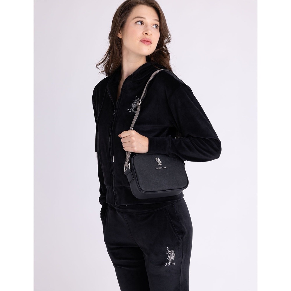 NWT U.S. Polo Assn Black Saffiano Crossbody Bag Gold Logo Adjustable Strap